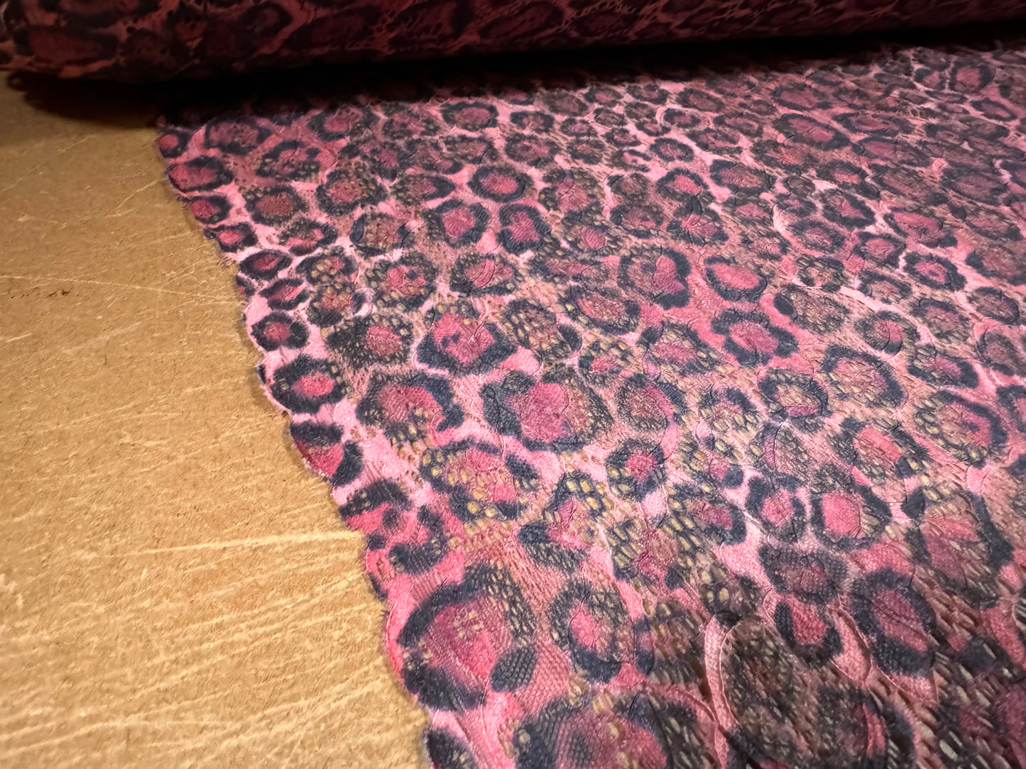 Stretch lace dress fabric with scalloped selvedge, per metre - cheetah animal print - fuchsia pink