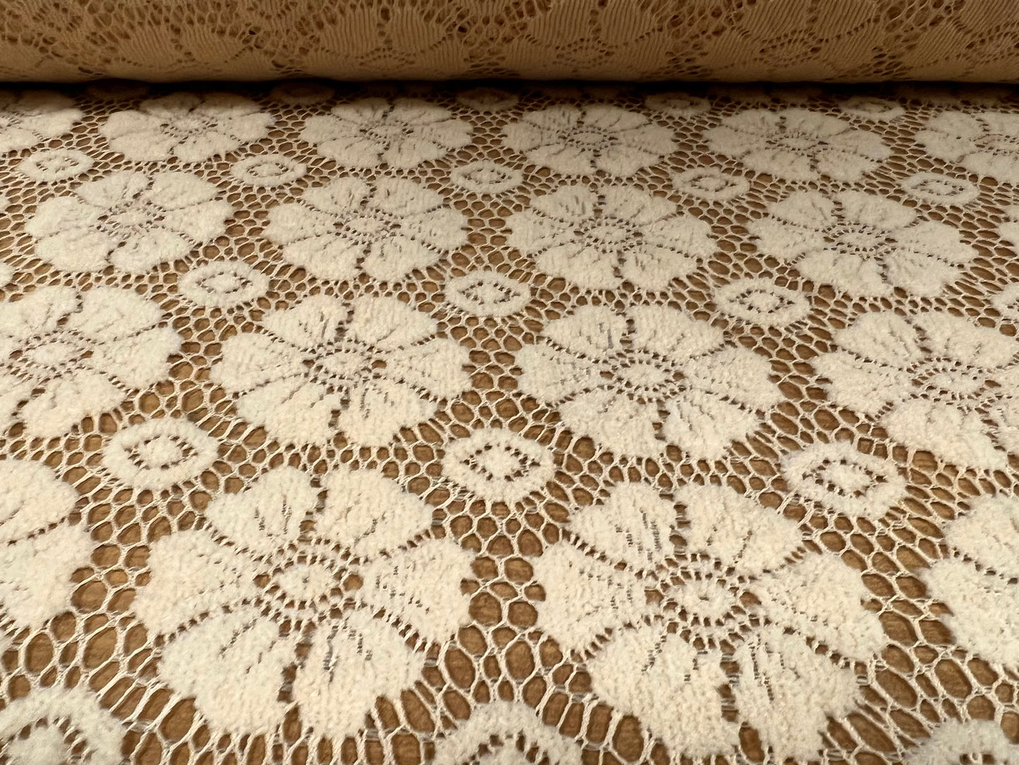 Heavy flocked lace dress fabric, per metre - flower design - clotted cream