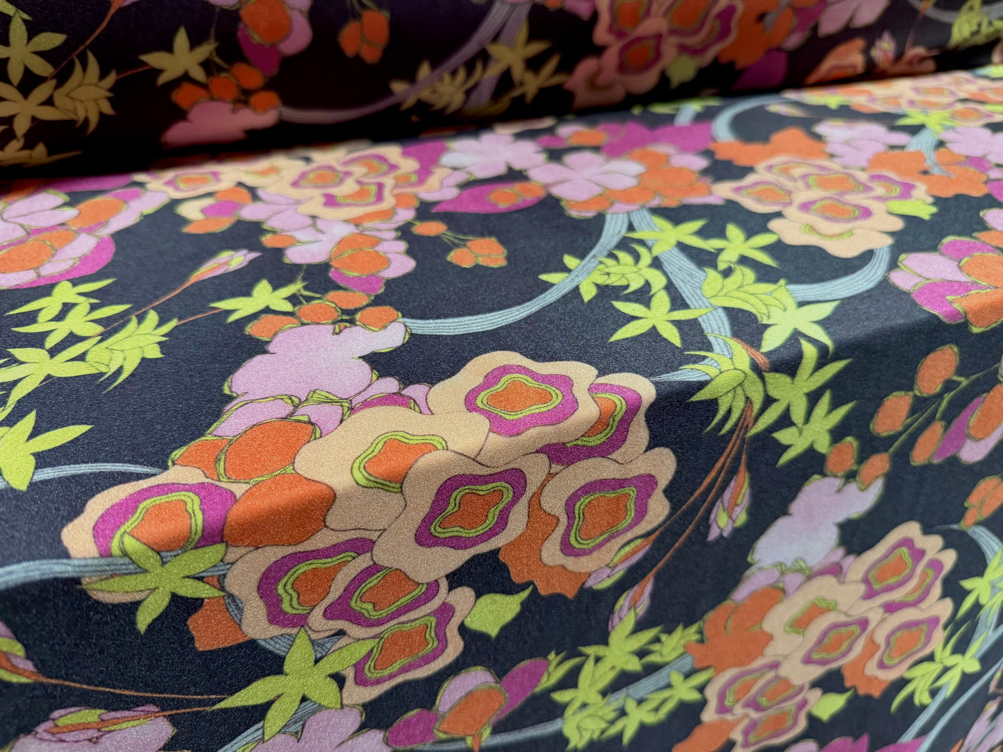 Swimwear stretch spandex jersey fabric, per metre - retro floral print - black peach & pink