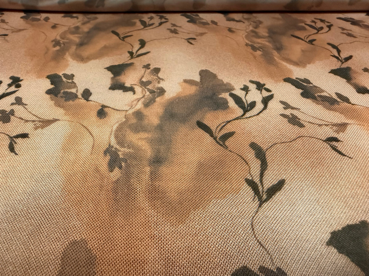 Power mesh net stretch spandex fabric, per metre - ink wash floral print - dusky peach