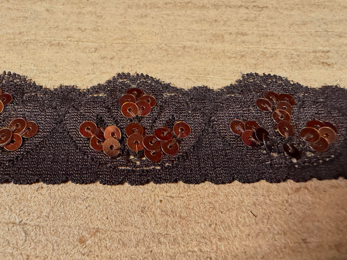 Scalloped lace edging trim fabric with sequins - stretch - brown