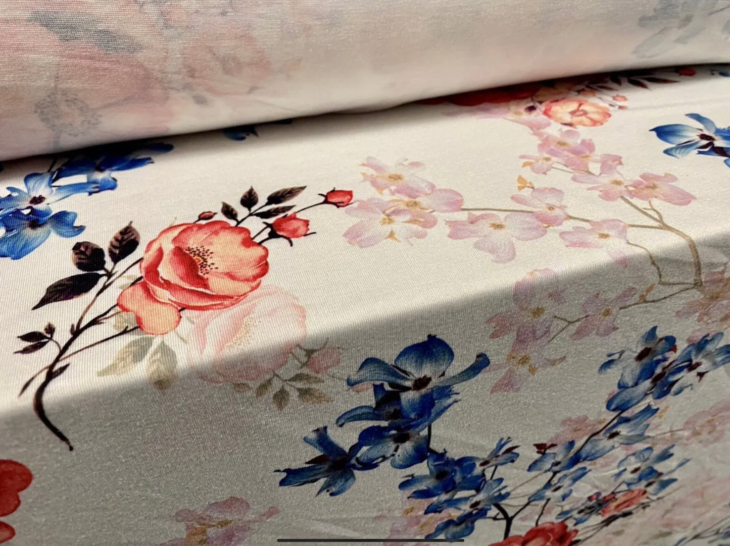 Viscose spandex stretch single jersey fabric, per metre - wild rose and orchid print - white pink & blue