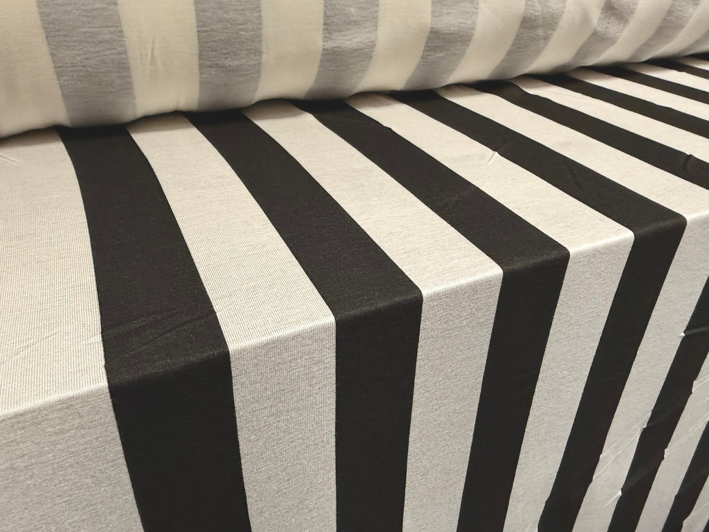 Viscose spandex stretch single jersey fabric, per metre - stripe print - black & white