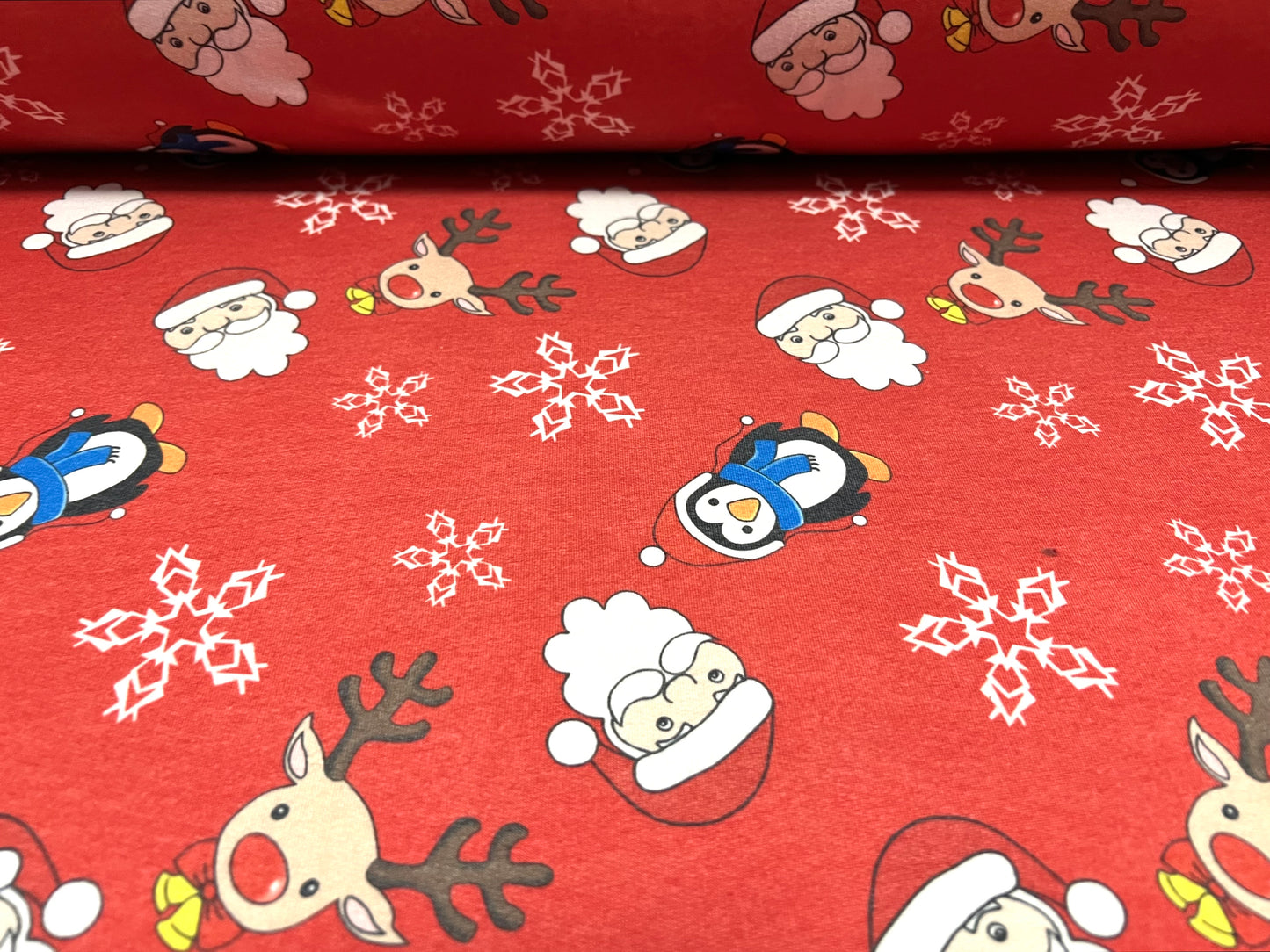 Stretch French Terry soft loopback jersey fabric, per metre - Christmas Santa Claus & Reindeers print - red