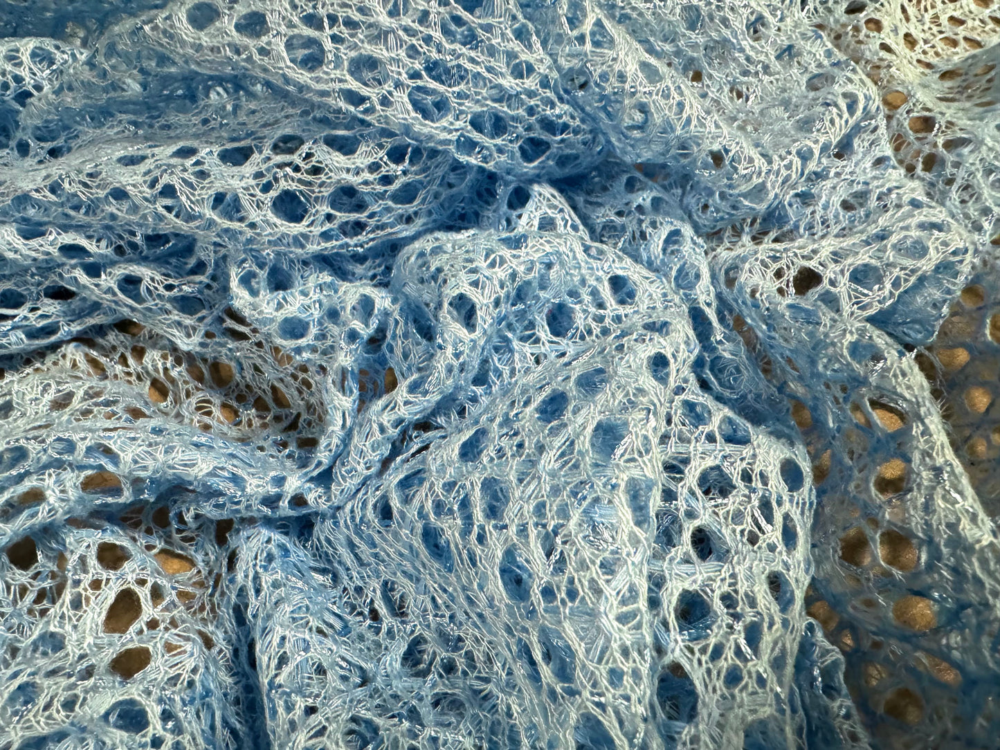 Crochet knit lace dress fabric with sequins, per metre - sky blue