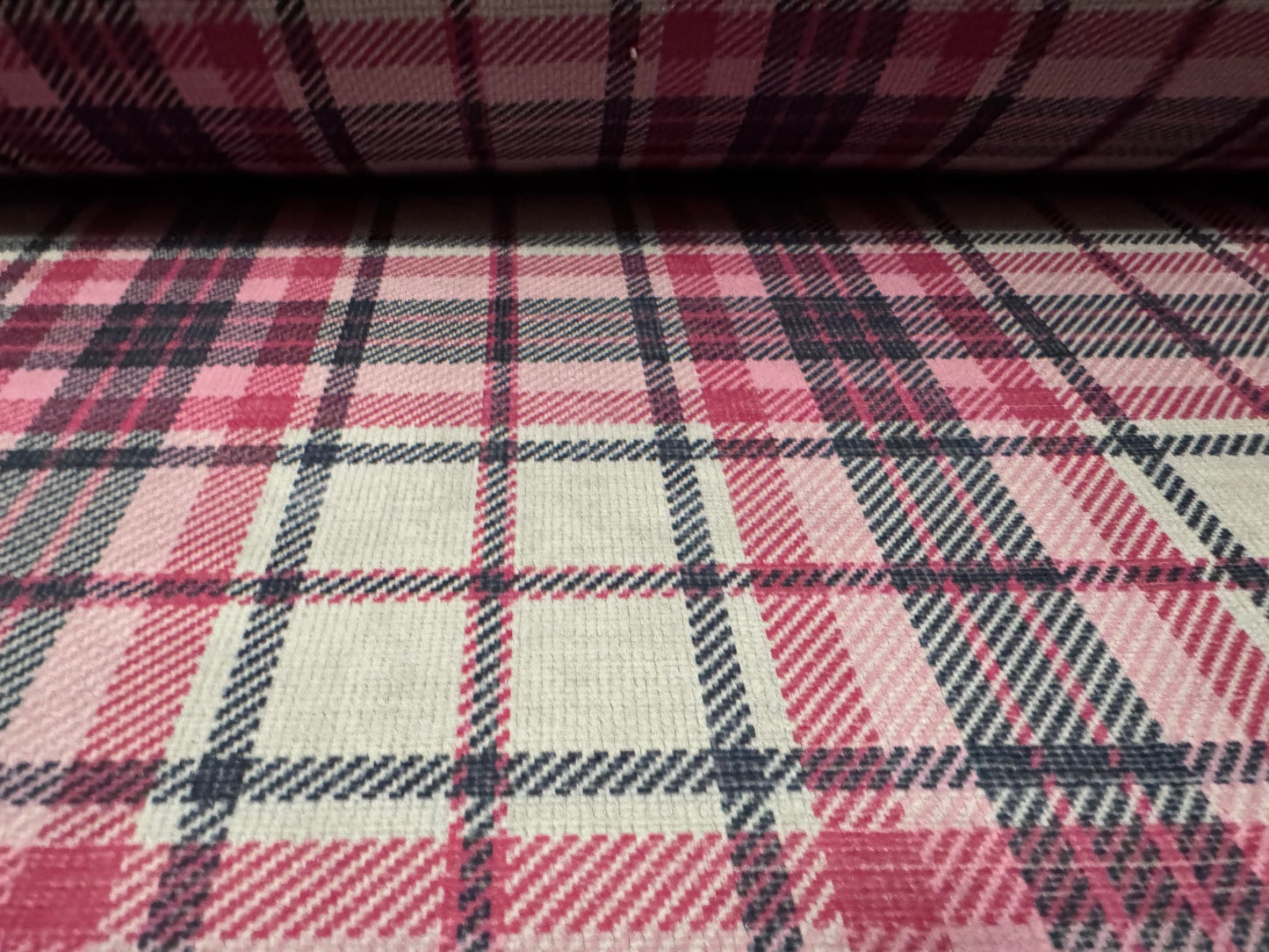 Chenille upholstery fabric, per metre - tartan check print - pink & grey