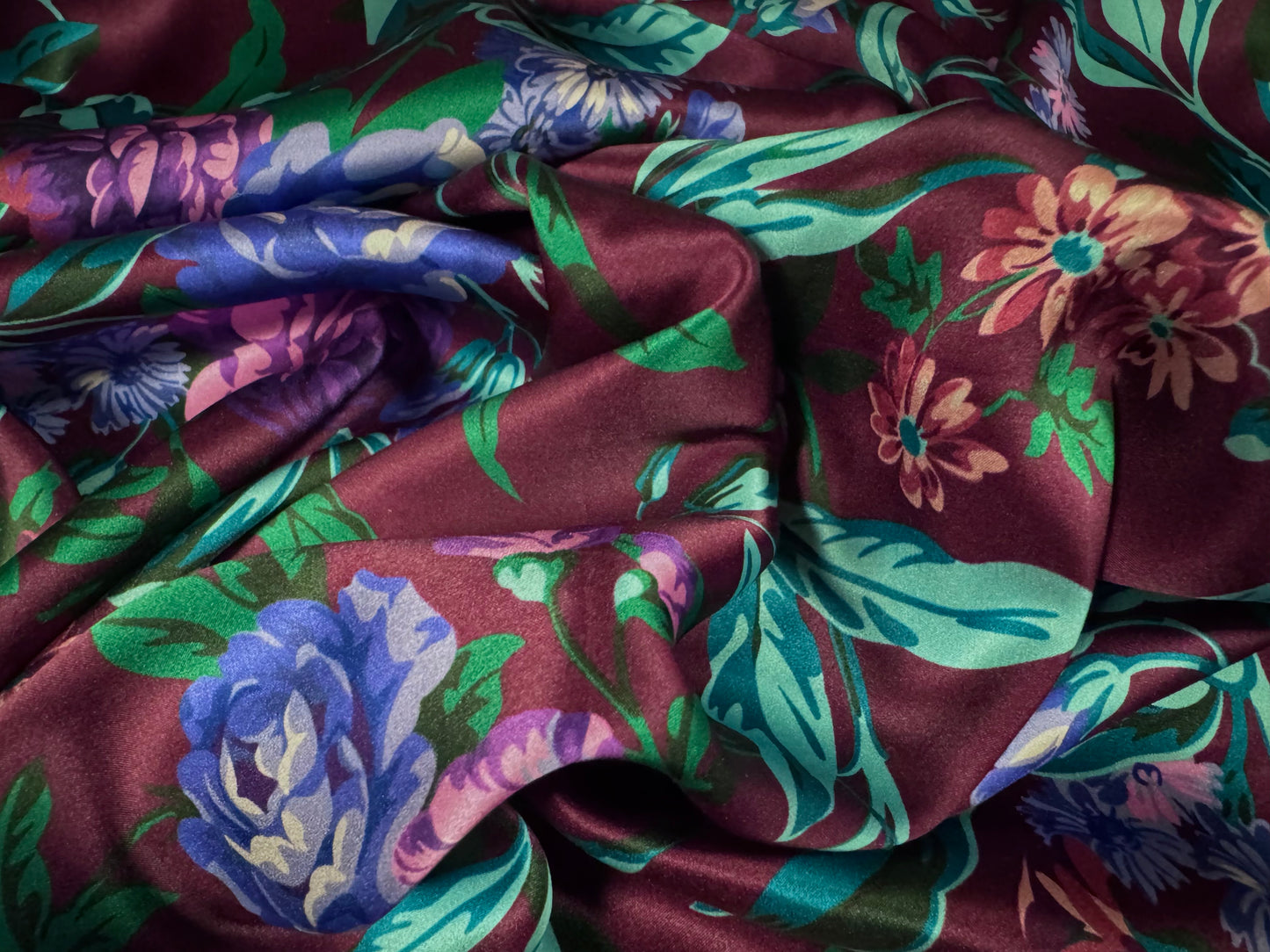 Silky Stretch charmeuse satin dress fabric, per metre - floral print - plum jade & purple