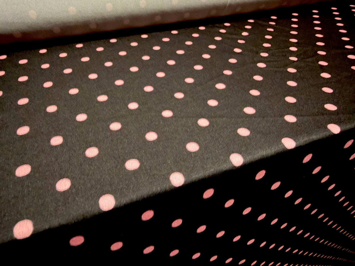 Stretch spandex single jersey ITY fabric, per metre - polka dot print - black & pink