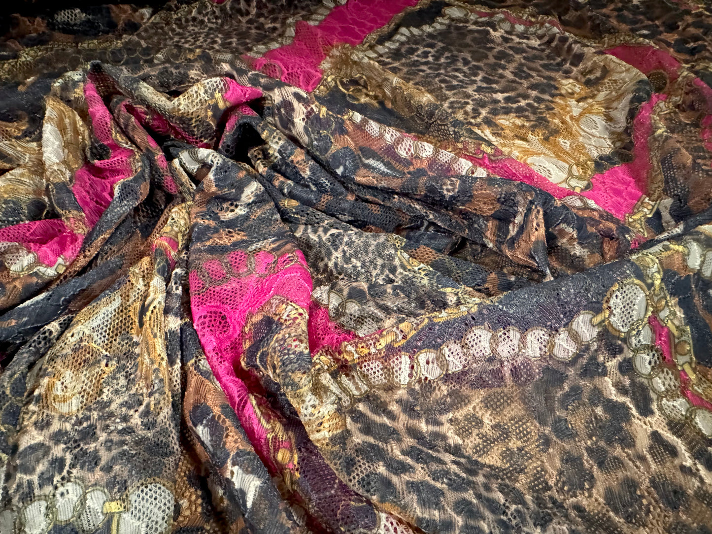 Stretch spandex lace fabric, per metre - leopard & chains print - black gold & pink