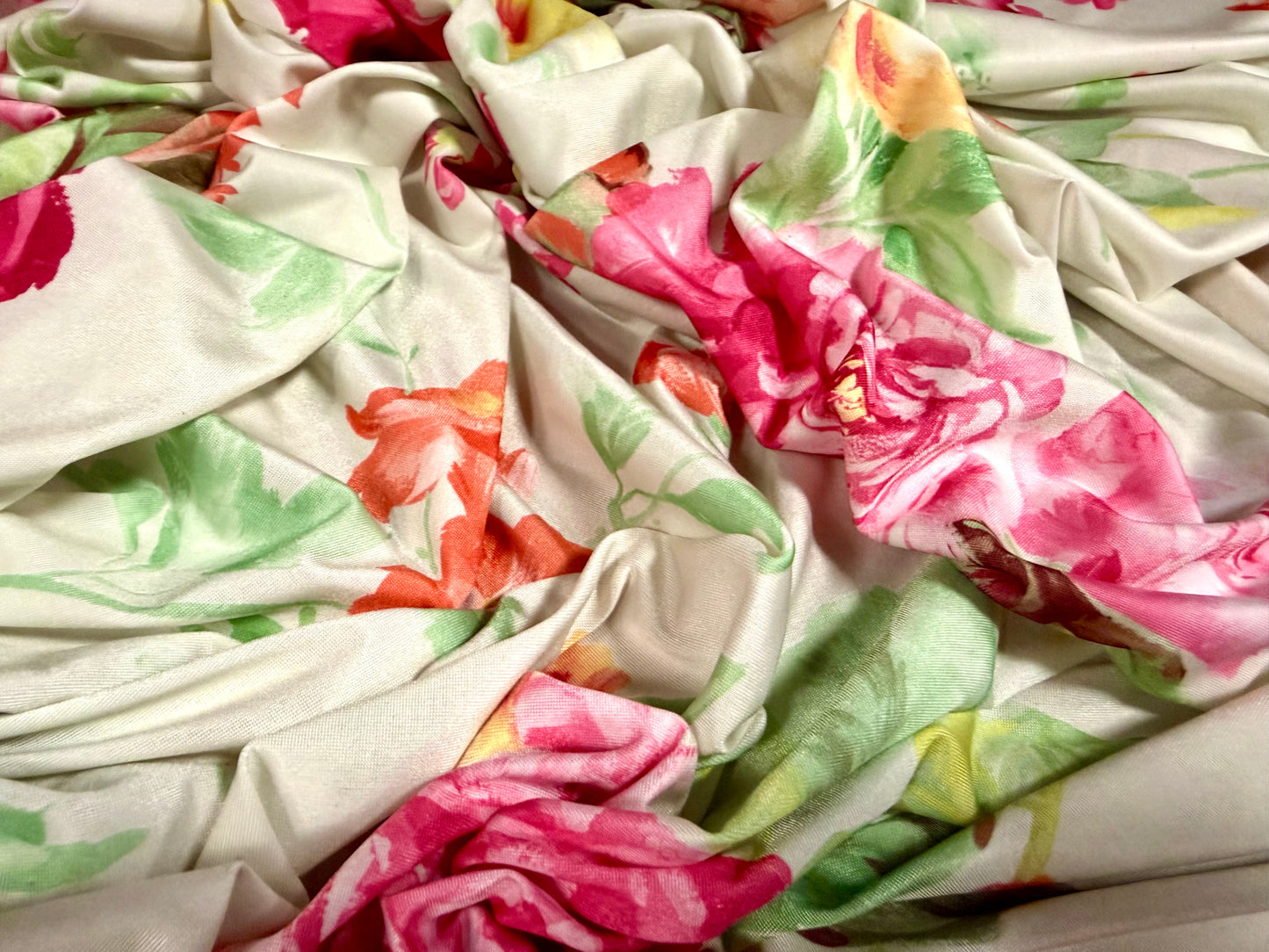 Soft touch stretch spandex single jersey fabric, per metre - vintage rose floral print - pistachio cream & pink