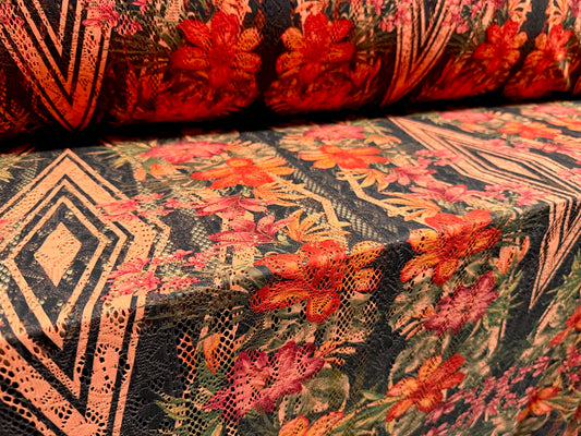 Soft handle crochet lace knit fabric, per metre - diamond floral print - pink & black