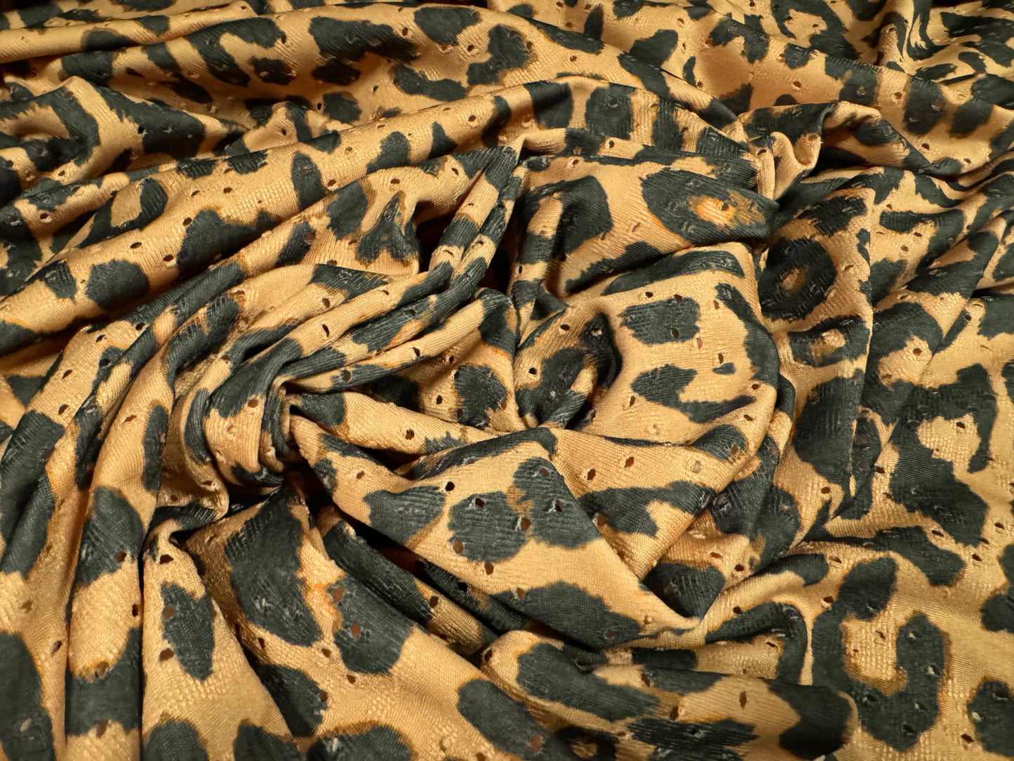 Broderie anglaise stretch spandex jersey fabric, per metre - cheetah animal print - toffee brown