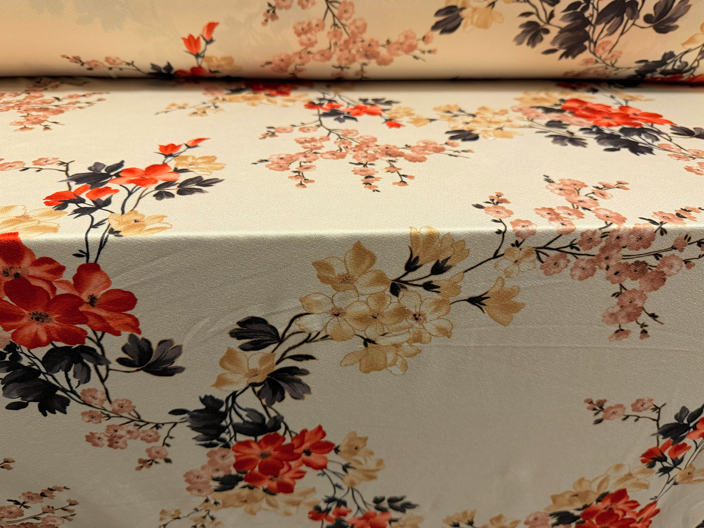 Stretch spandex crepe single jersey fabric, per metre - blossom print - cream