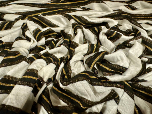 Metallic viscose spandex stretch single jersey fabric, per metre - stripes - ecru & black with gold lurex