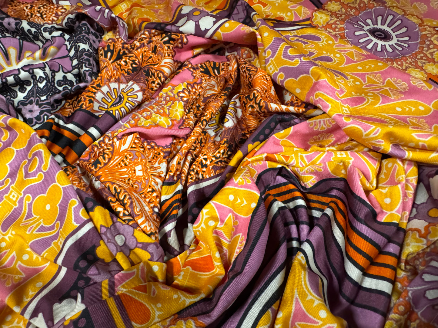 Soft touch stretch spandex single jersey fabric, per metre - retro floral print - orange & purple