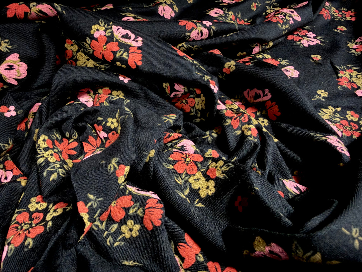 Viscose spandex stretch jersey fabric, per metre - floral print - black pink & coral