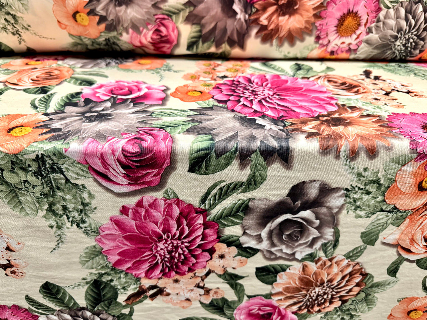 Piqué double jersey fabric, per metre - roses and carnations print - pistachio cream & pink