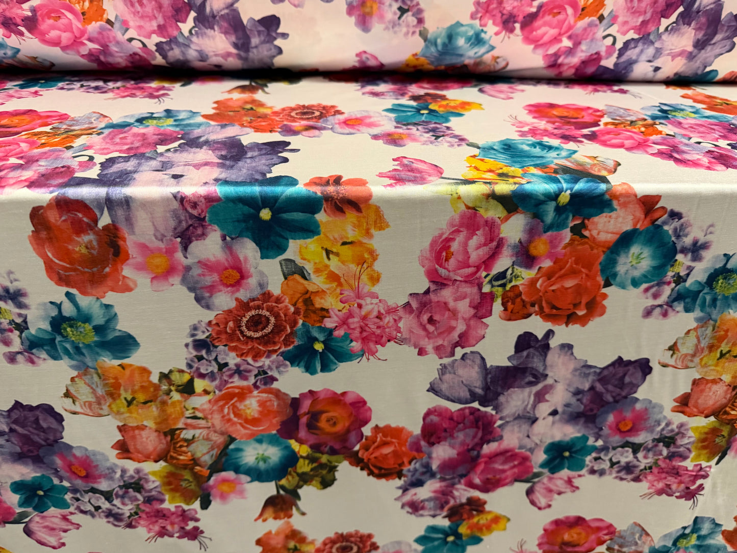 Stretch spandex single jersey fabric, per metre - garden blooms print - multicolour