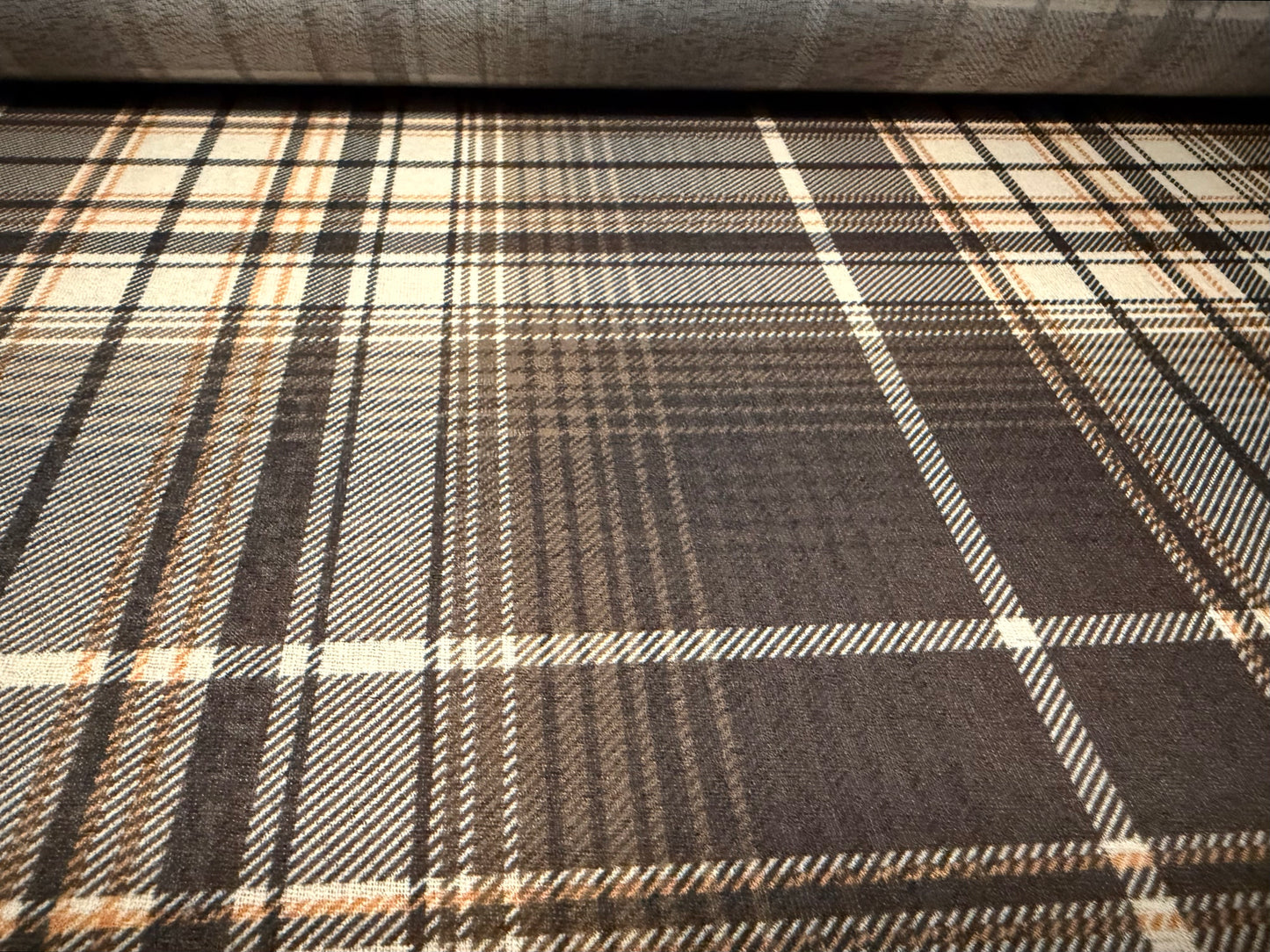 Thick & thin stretch spandex single jersey fashion fabric, per metre - tartan print - brown & cream