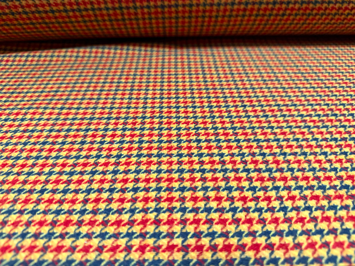 Wool flannel coat jacket fabric, per metre - dogtooth - red blue & gold