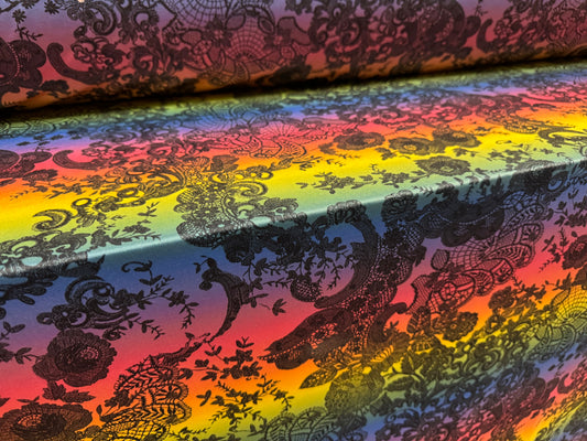Soft touch stretch spandex single jersey fabric, per metre - paisley rainbow print