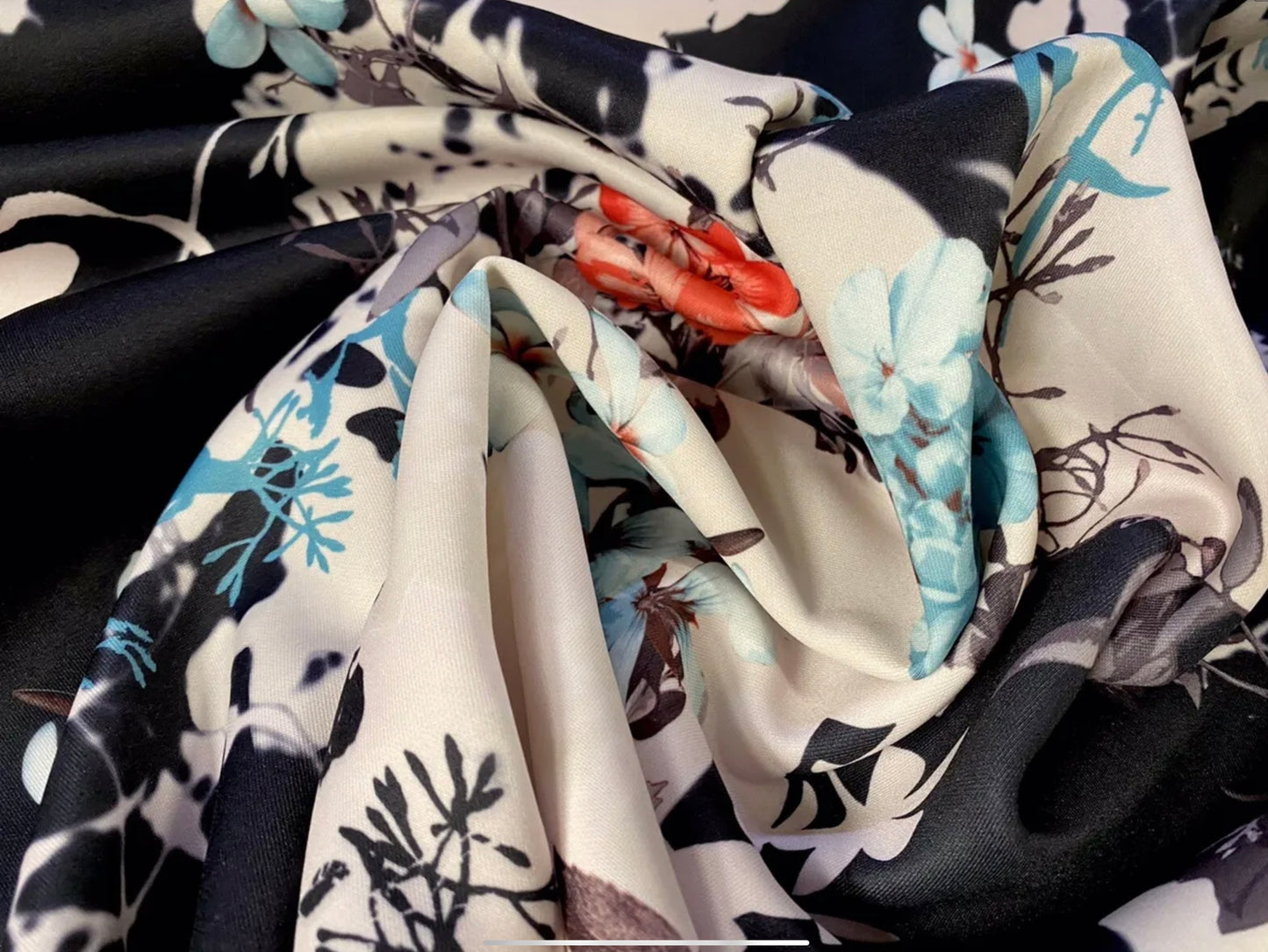 Scuba stretch spandex double jersey dress fabric, per metre - floral shadow print - black nude & turquoise