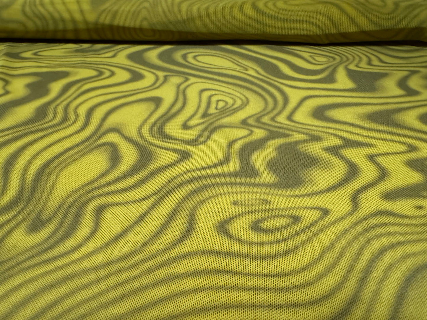 Power mesh net stretch spandex fabric, per metre - swirl print - mustard