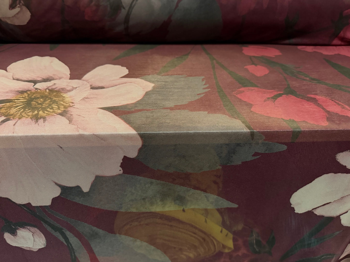 Power mesh net stretch spandex fabric, per metre - anemone flower print - dark plum