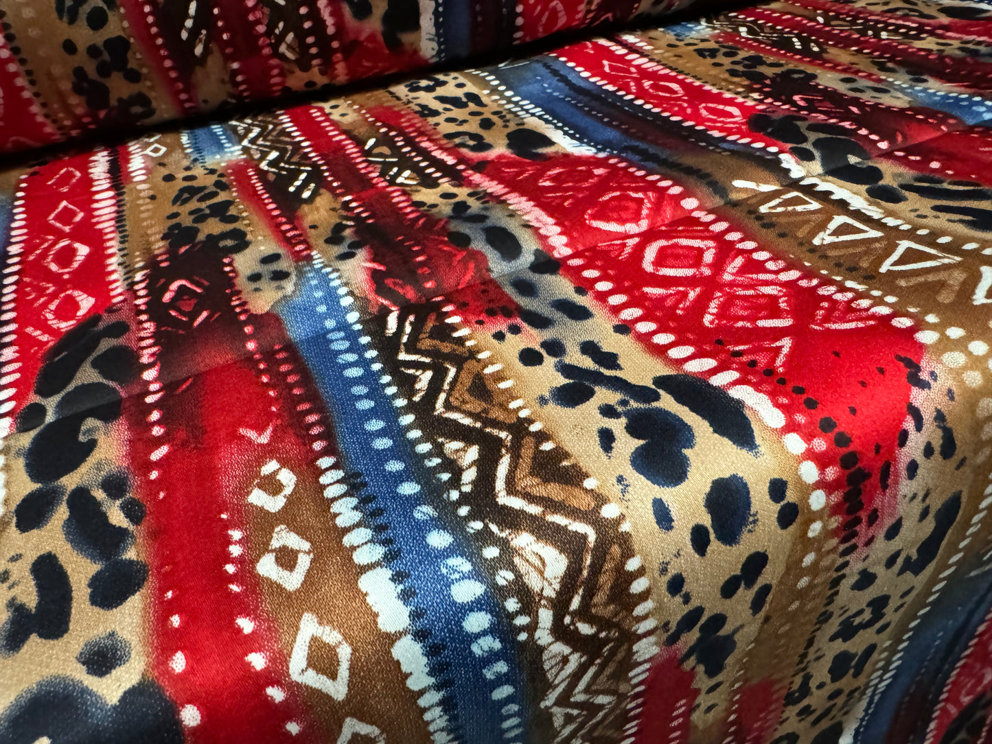 Cotton stretch sateen fabric, per metre - Aztec print - red brown & blue