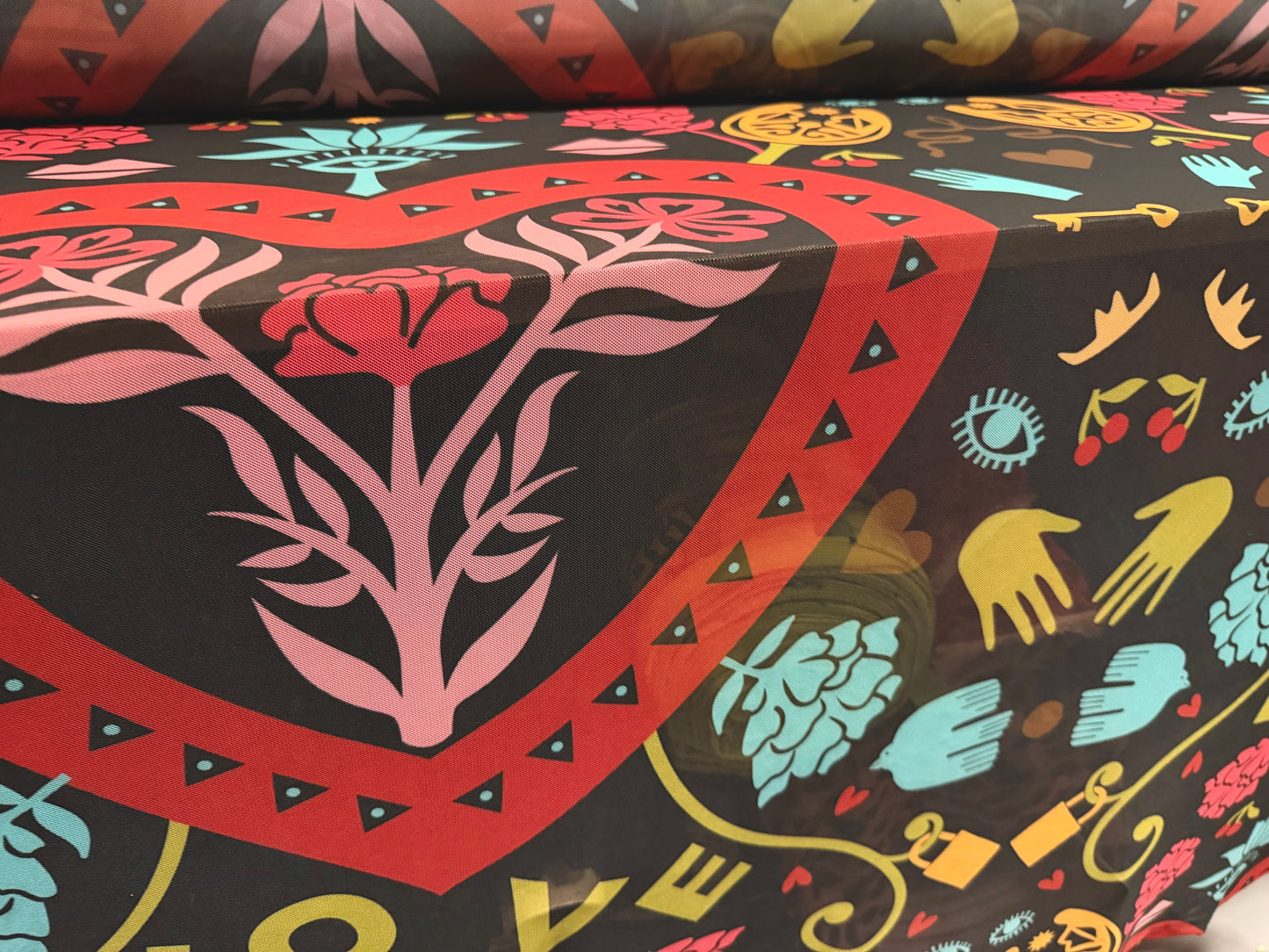 Power mesh net stretch spandex fabric, per metre - The Keys To Love print - multicolour