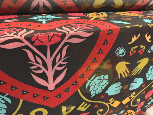 Power mesh net stretch spandex fabric, per metre - The Keys To Love print - multicolour