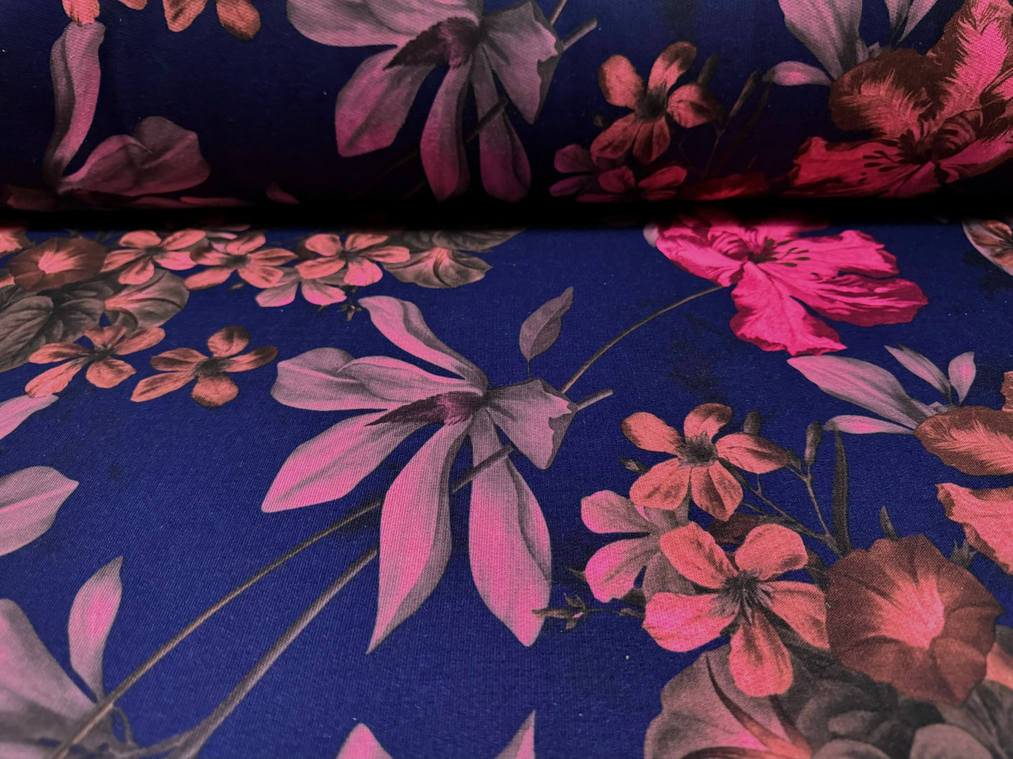 French Terry loopback sweatshirt jersey fabric, per metre - orchid floral print - navy blue & pink