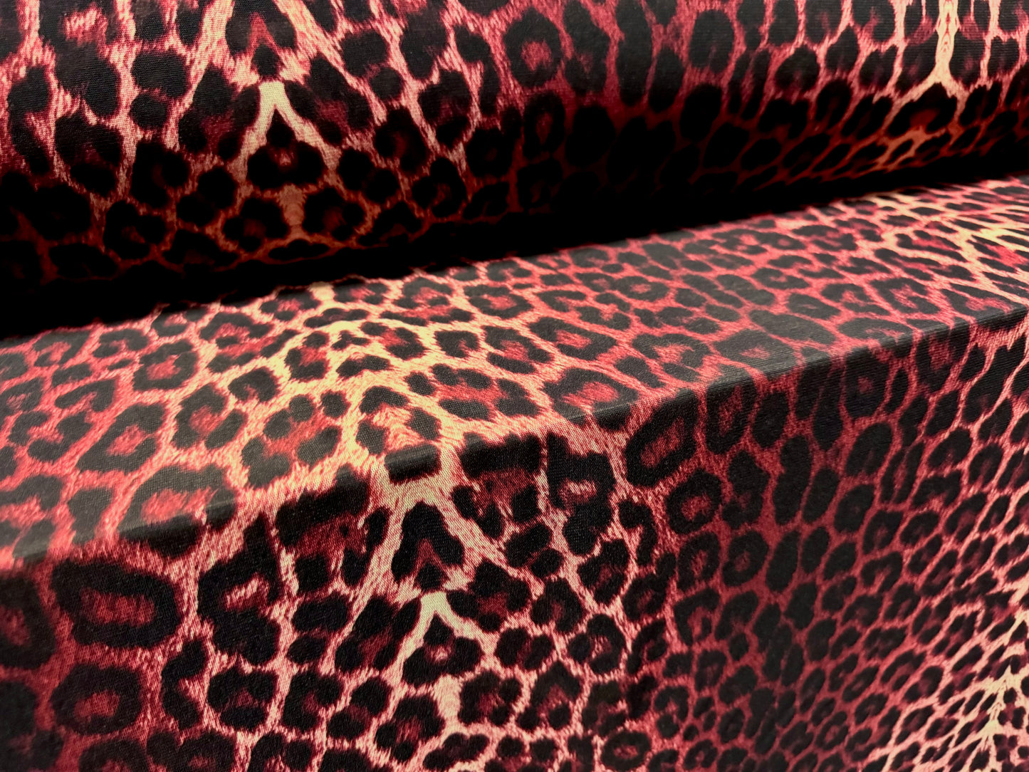 Power mesh crepe stretch spandex fabric, per metre - leopard animal print - berry red