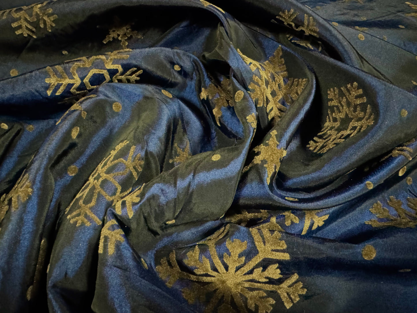 Taffeta faux silk fabric - flocked snowflake print - navy blue & brown