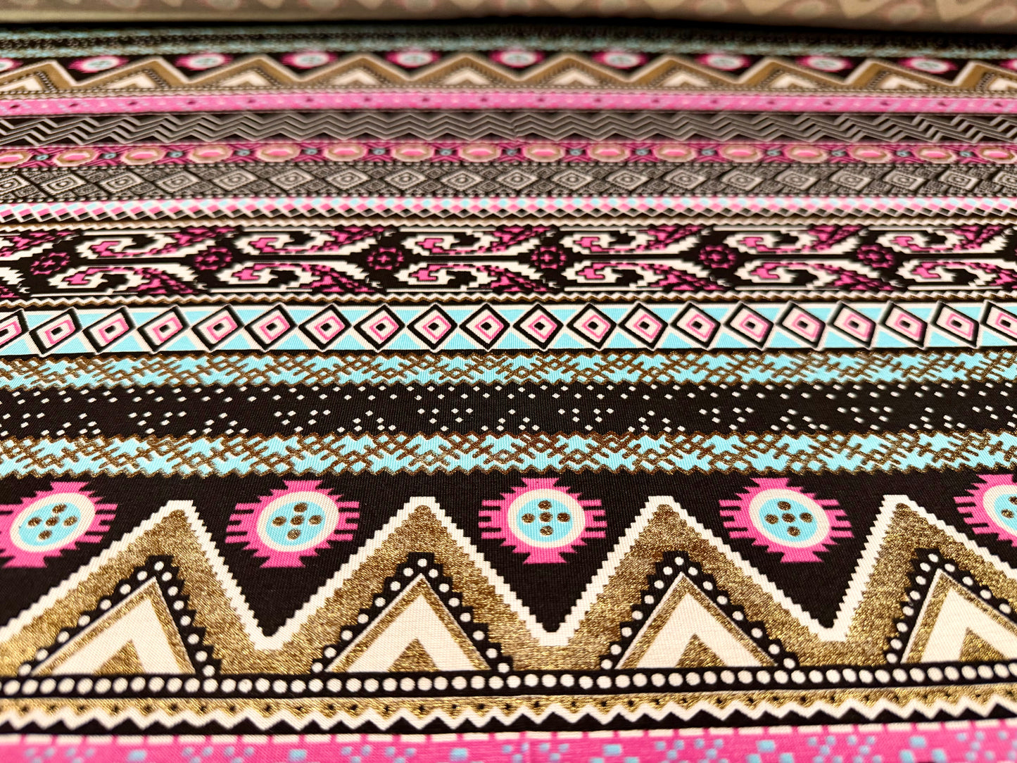 Metallic viscose spandex stretch single jersey fabric, per metre - aztec stripe print - black turquoise & gold