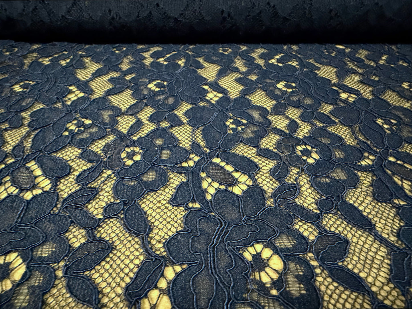 Corded Alencon lace dress fabric with decorative selvedge, per metre - floral - navy