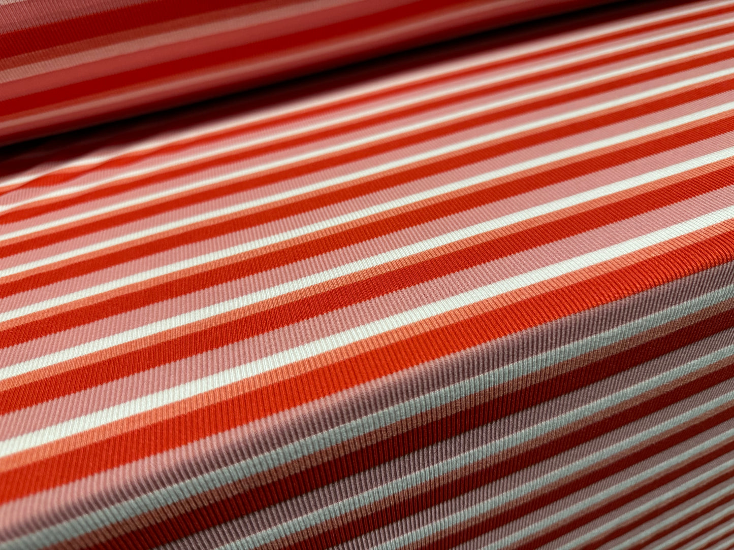 Stretch Spandex rib jersey fabric, per metre - stripe - orange pink & white