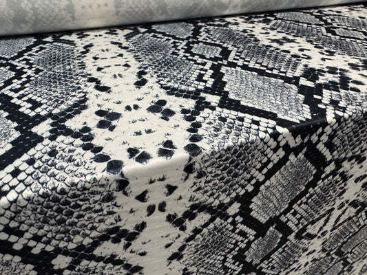 DTY stretch spandex single jersey fabric, per metre - snakeskin animal print - black & white
