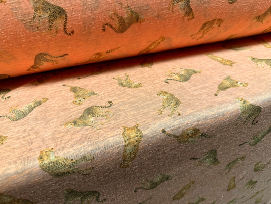 Thick & thin single jersey fashion fabric, per metre - leopard big cat print - peach & gold