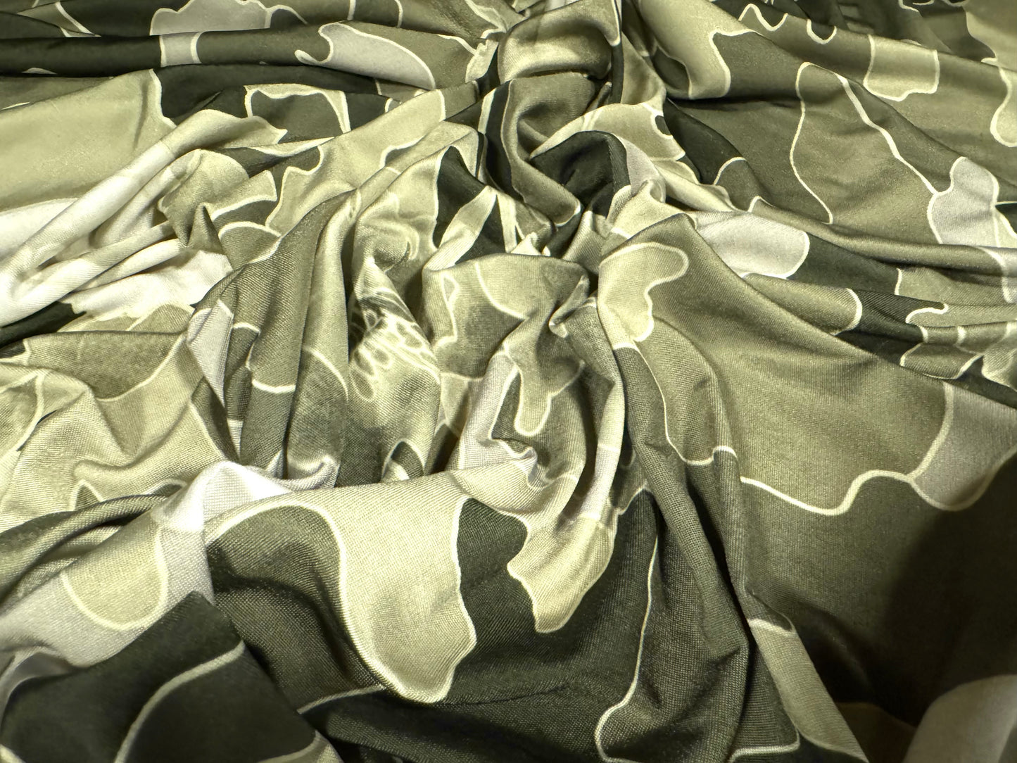 Soft touch stretch spandex single jersey fabric, per metre - camouflage rose print - khaki & sage green