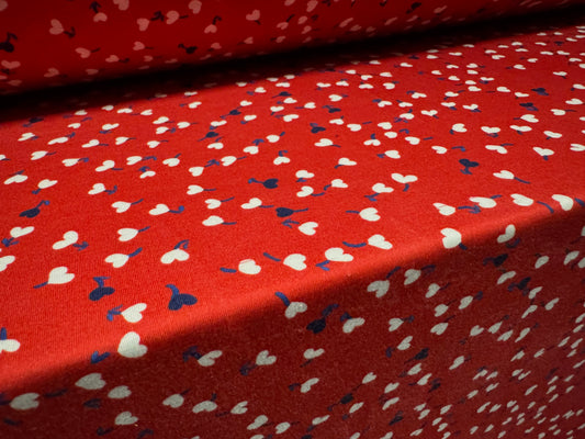 Stretch spandex interlock jersey fabric, per metre - love heart flowers print - red white & blue