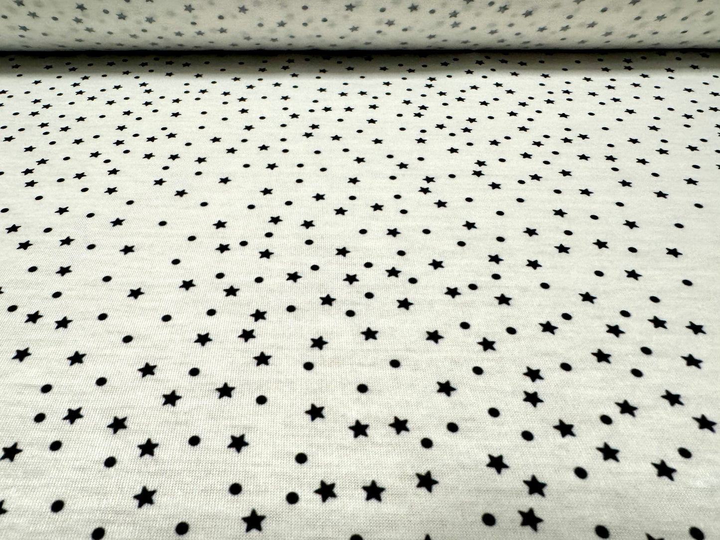 Soft handle stretch single jersey fabric, per metre - spots & stars print - white & black