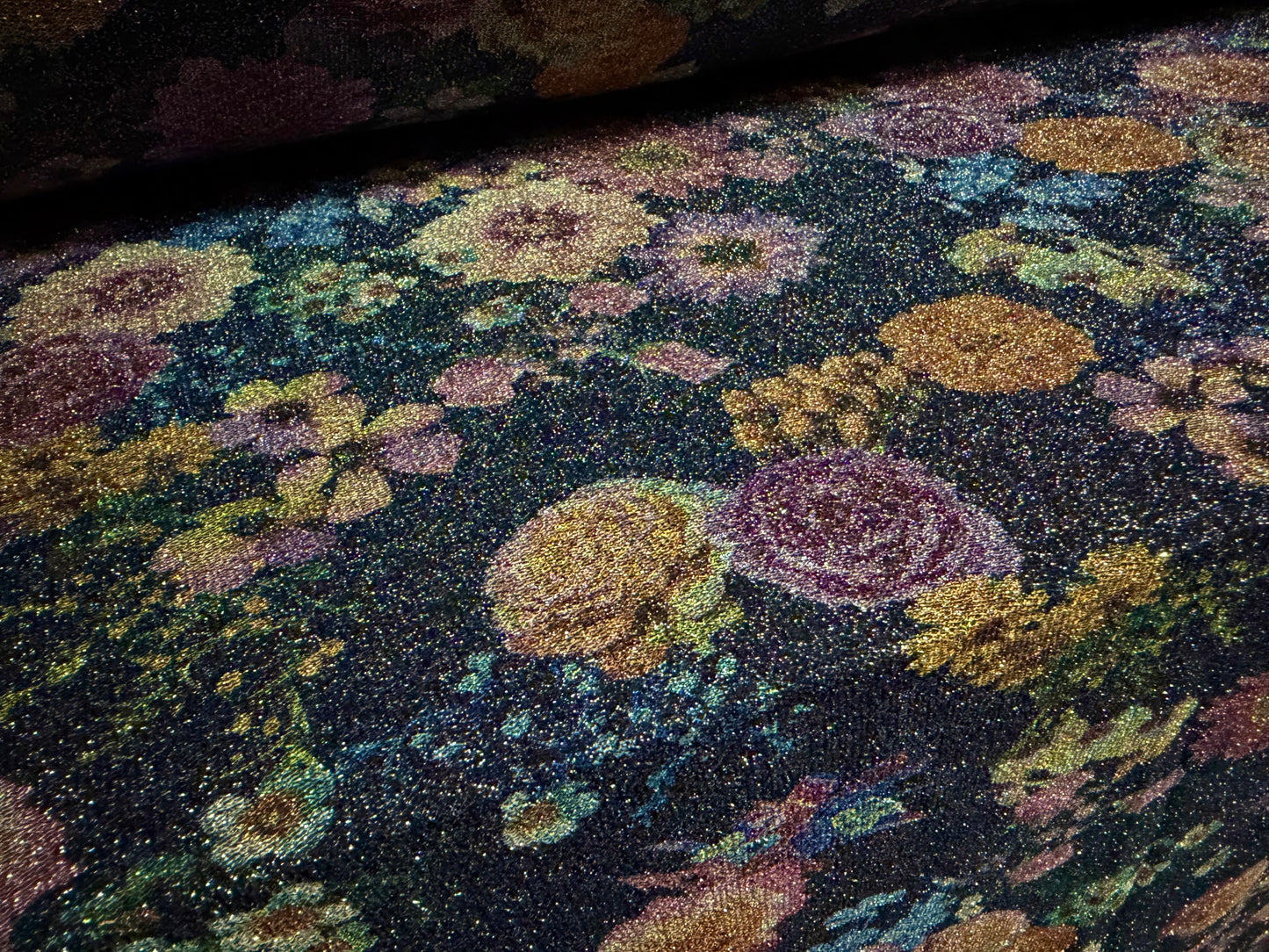 Metallic slinky spandex jersey fabric, per metre - floral - navy & pink