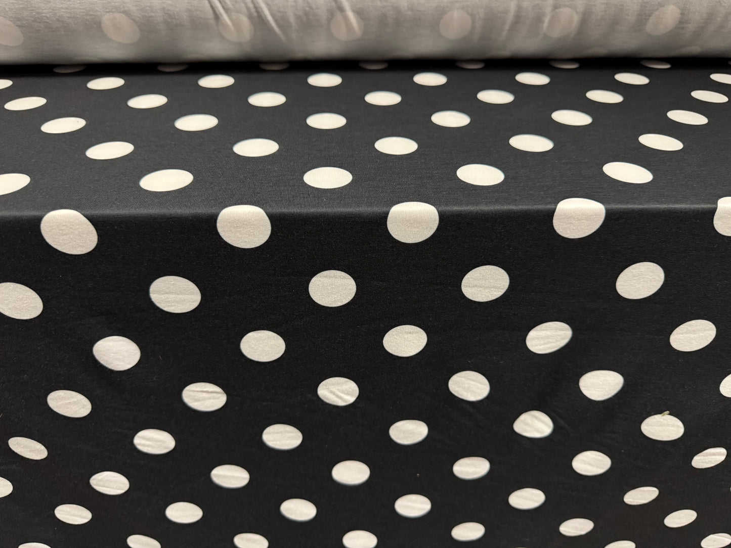 Soft handle stretch single jersey fashion fabric, per metre - polka dot print - black & white