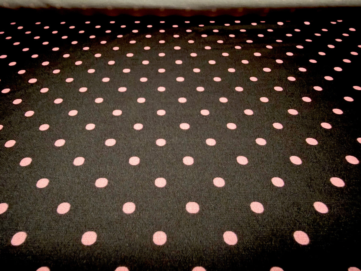 Stretch spandex single jersey ITY fabric, per metre - polka dot print - black & pink