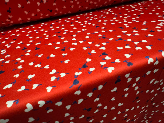 Scuba stretch spandex double jersey dress fabric, per metre - love heart flowers print - red white & blue