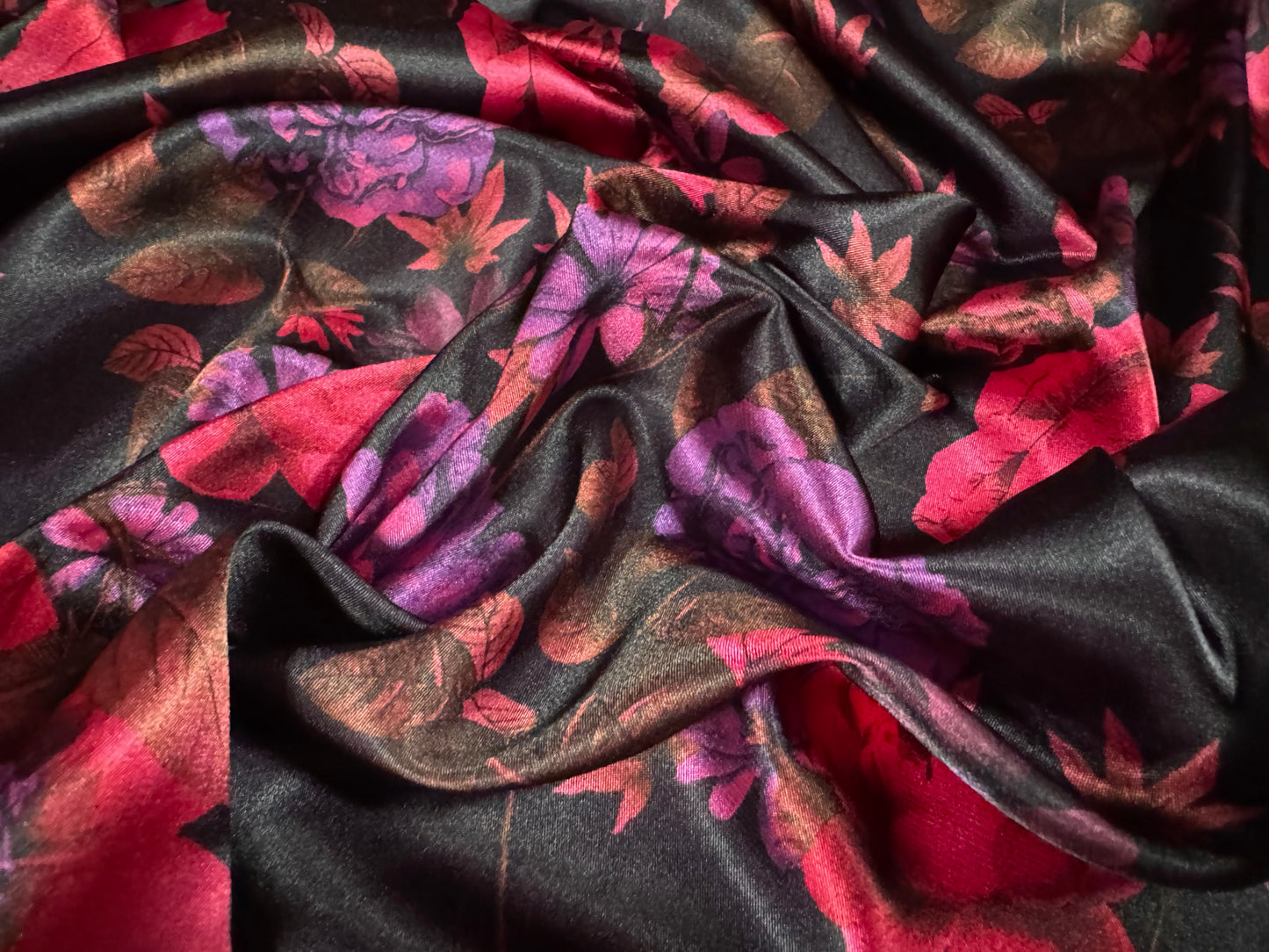 Silky Stretch charmeuse satin dress fabric, per metre - floral print - purple & pink
