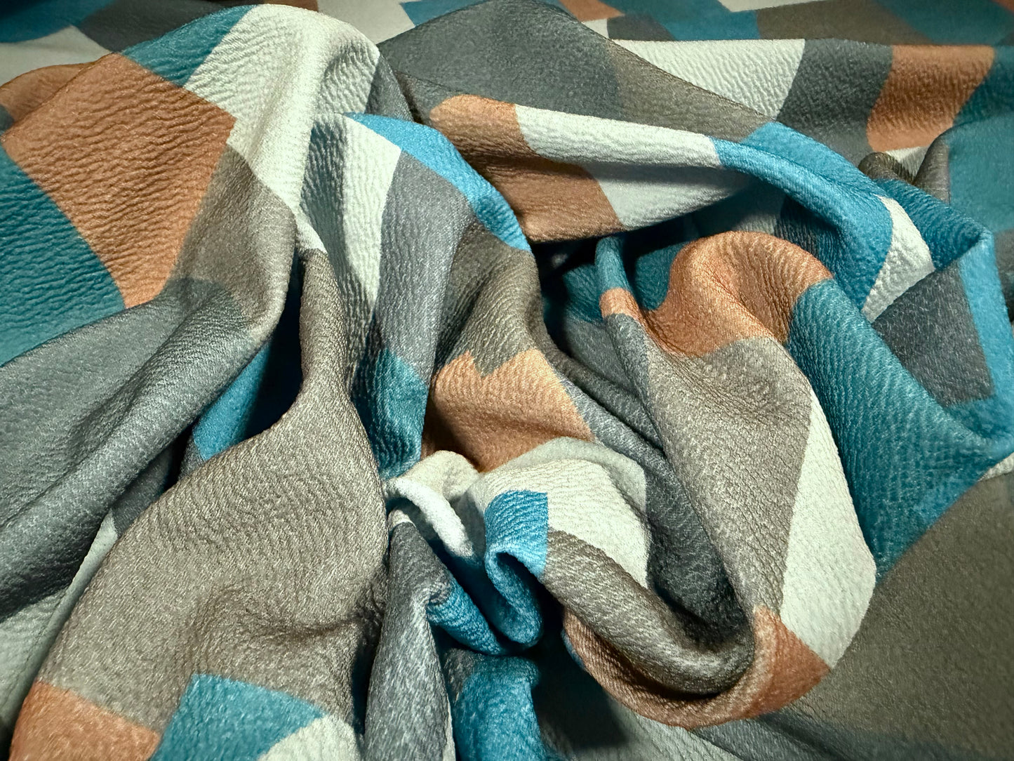 ‘Liverpool’ textured scuba stretch spandex jersey fabric, per metre - colour block print - aqua teal & terracotta