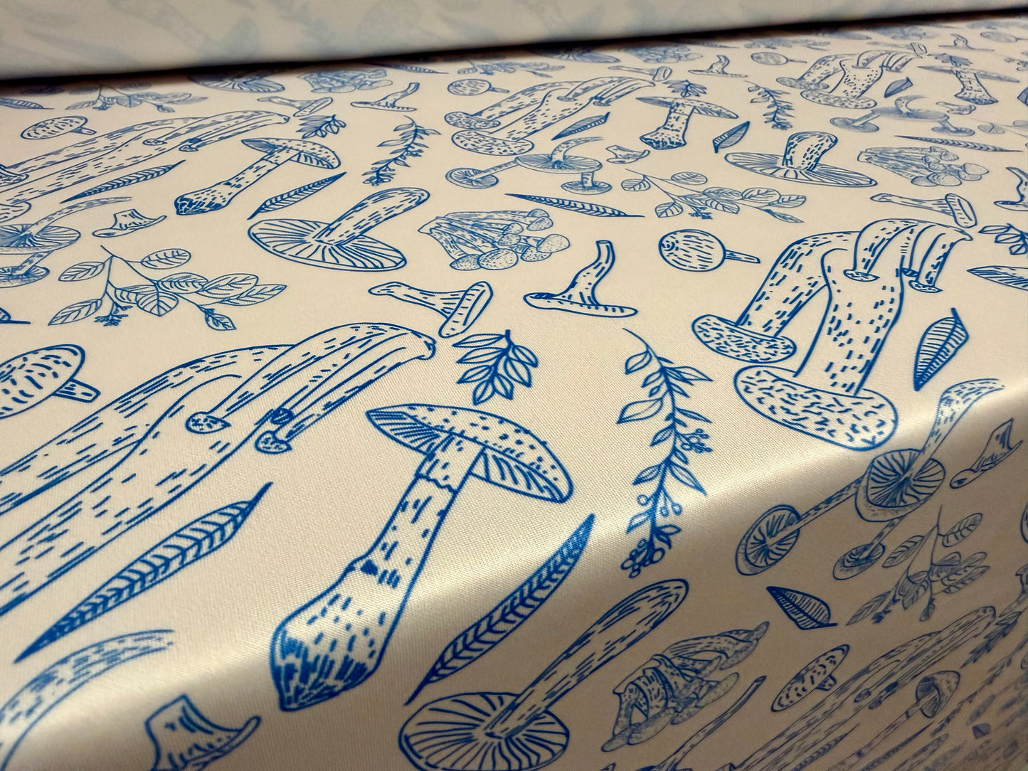 Scuba stretch spandex double jersey fabric, per metre - mushroom print - cream & blue