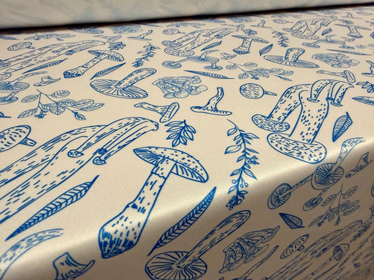 Scuba stretch spandex double jersey fabric, per metre - mushroom print - cream & blue